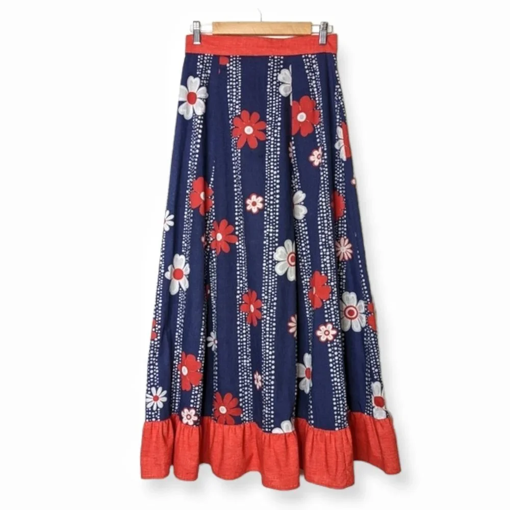 Vintage 70s Handmade Red White Blue Flower Power Maxi Skirt - Picture 1 of 10